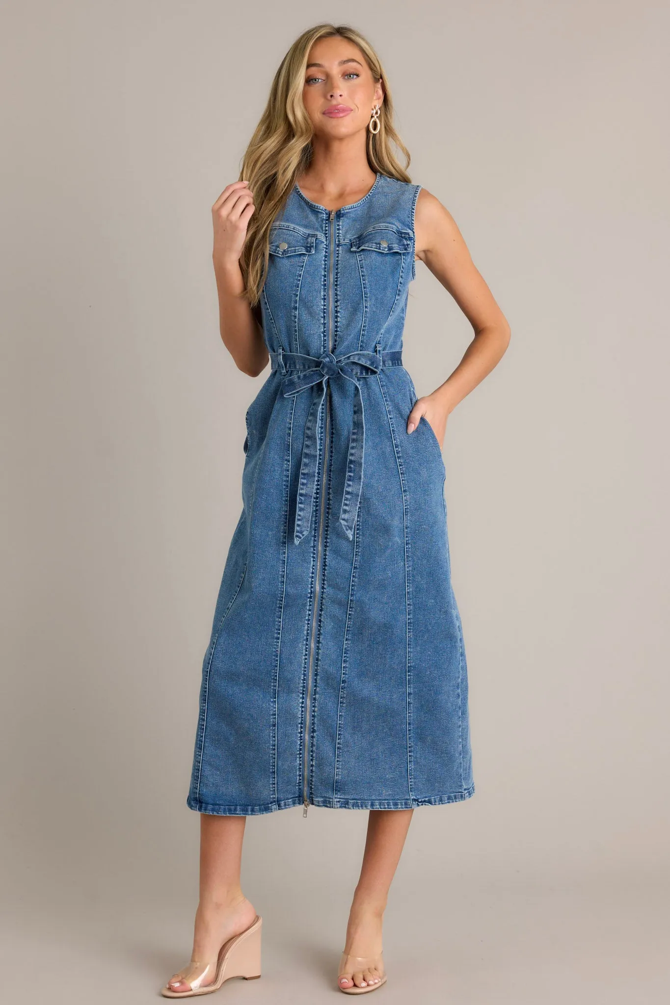 Simple Grace Denim Sleeveless Midi Dress