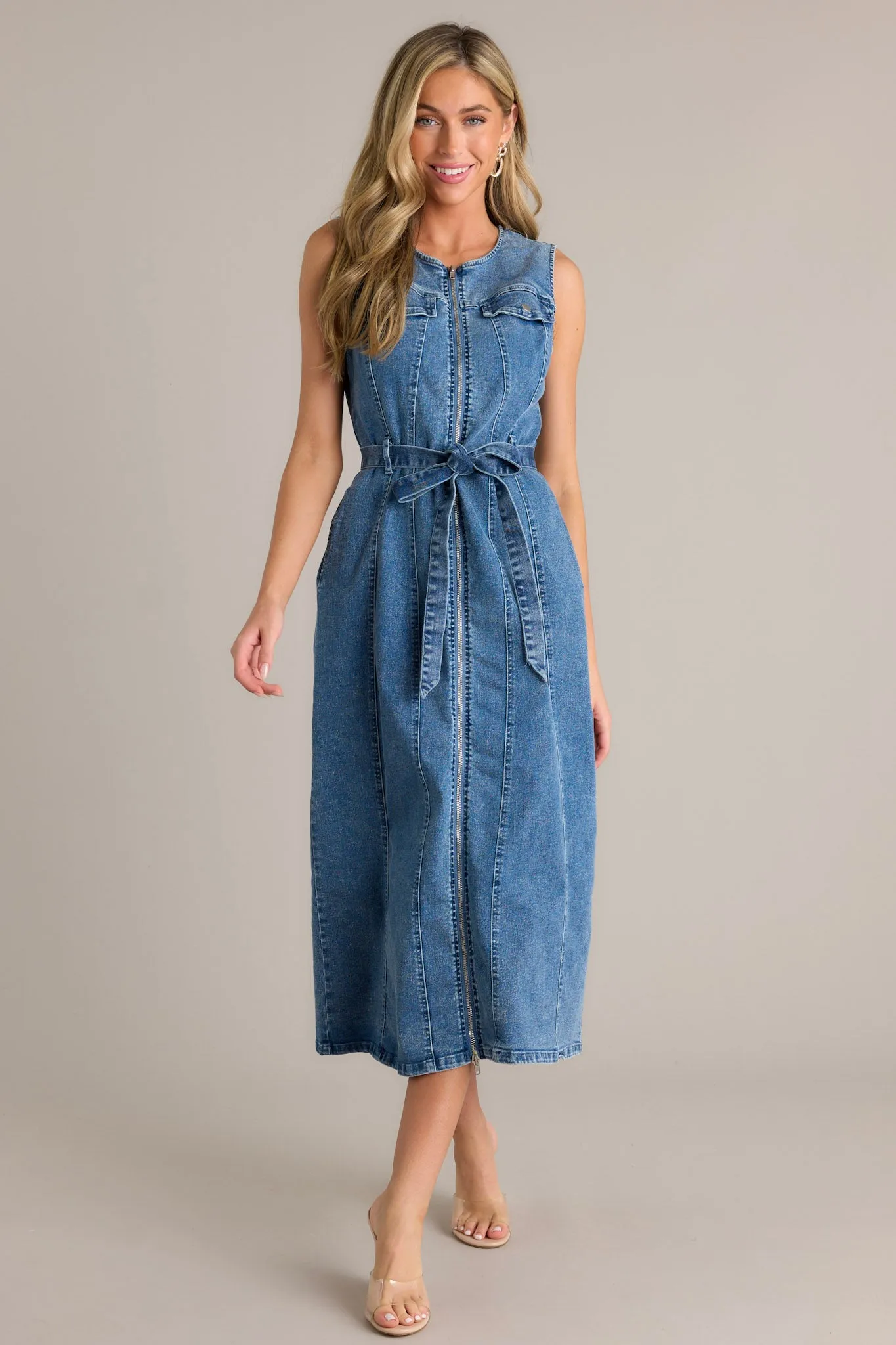 Simple Grace Denim Sleeveless Midi Dress