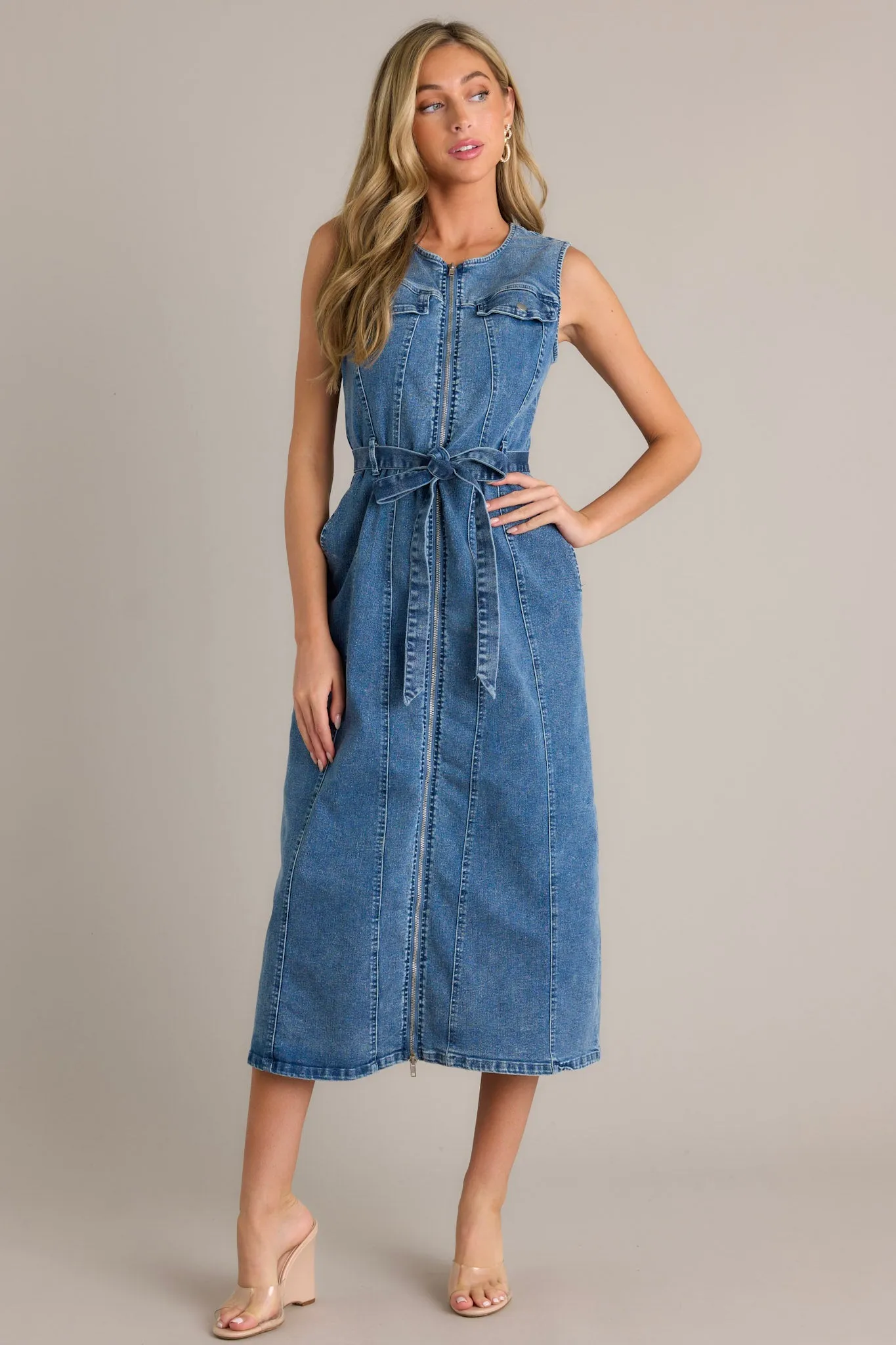 Simple Grace Denim Sleeveless Midi Dress