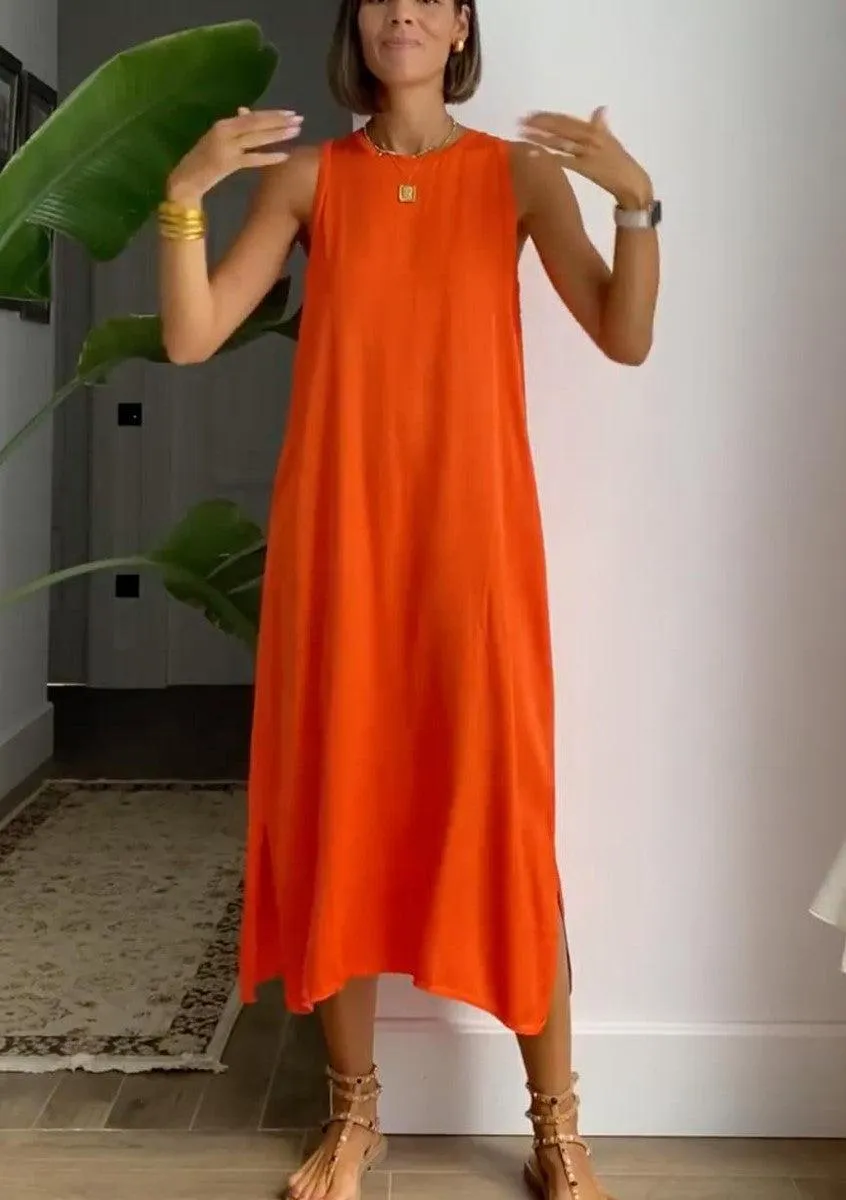 Simple Orange Sleeveless Plain Midi Dress