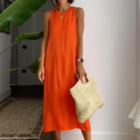 Simple Orange Sleeveless Plain Midi Dress