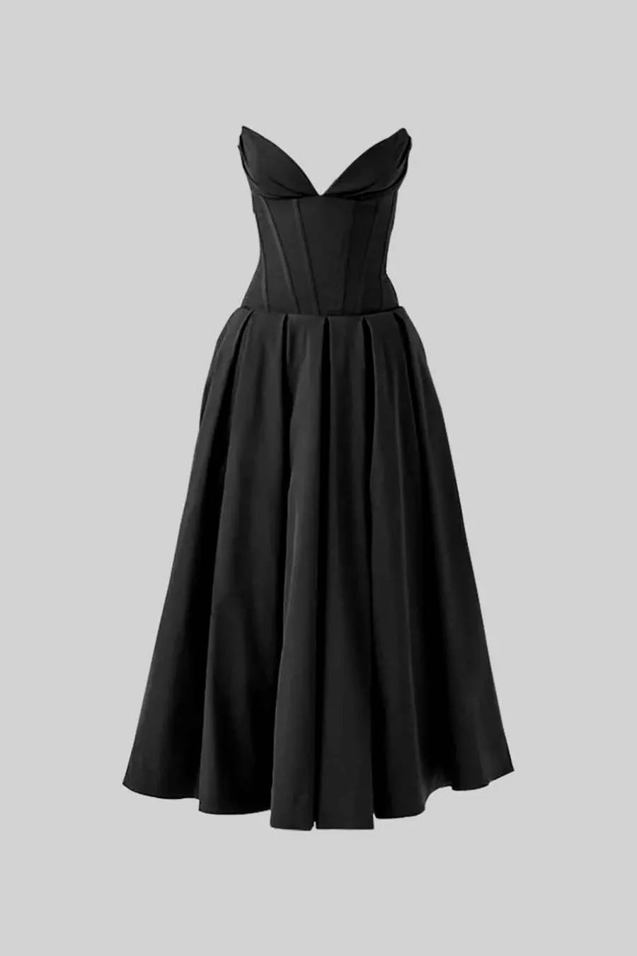 Sophisticated Strapless Midi Dress with Fitted Bodice - Black