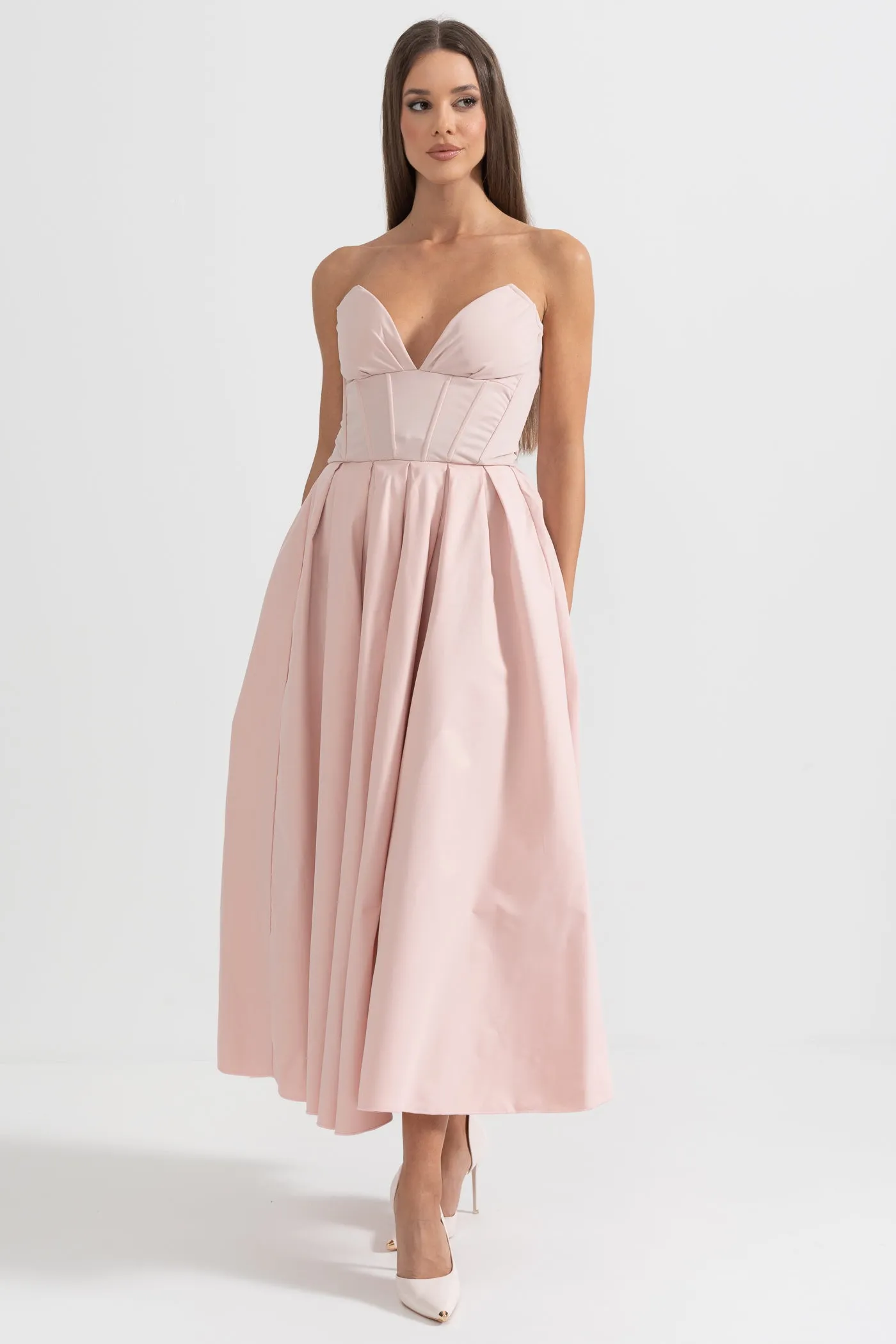 Sophisticated Strapless Midi Dress with Fitted Bodice - Peach