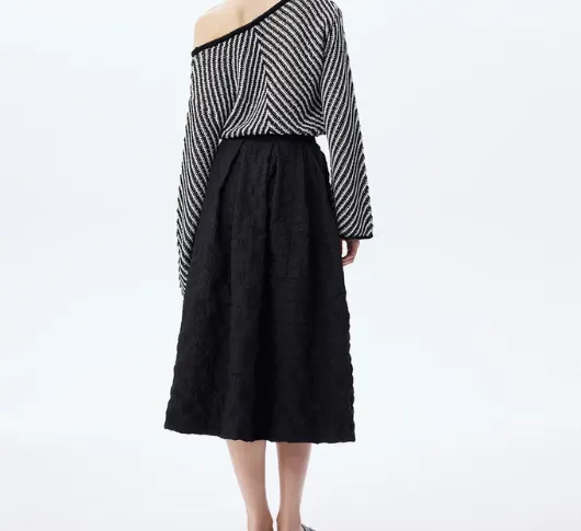 THEO - Calypso Plaid Box Pleat Midi Skirt in Black