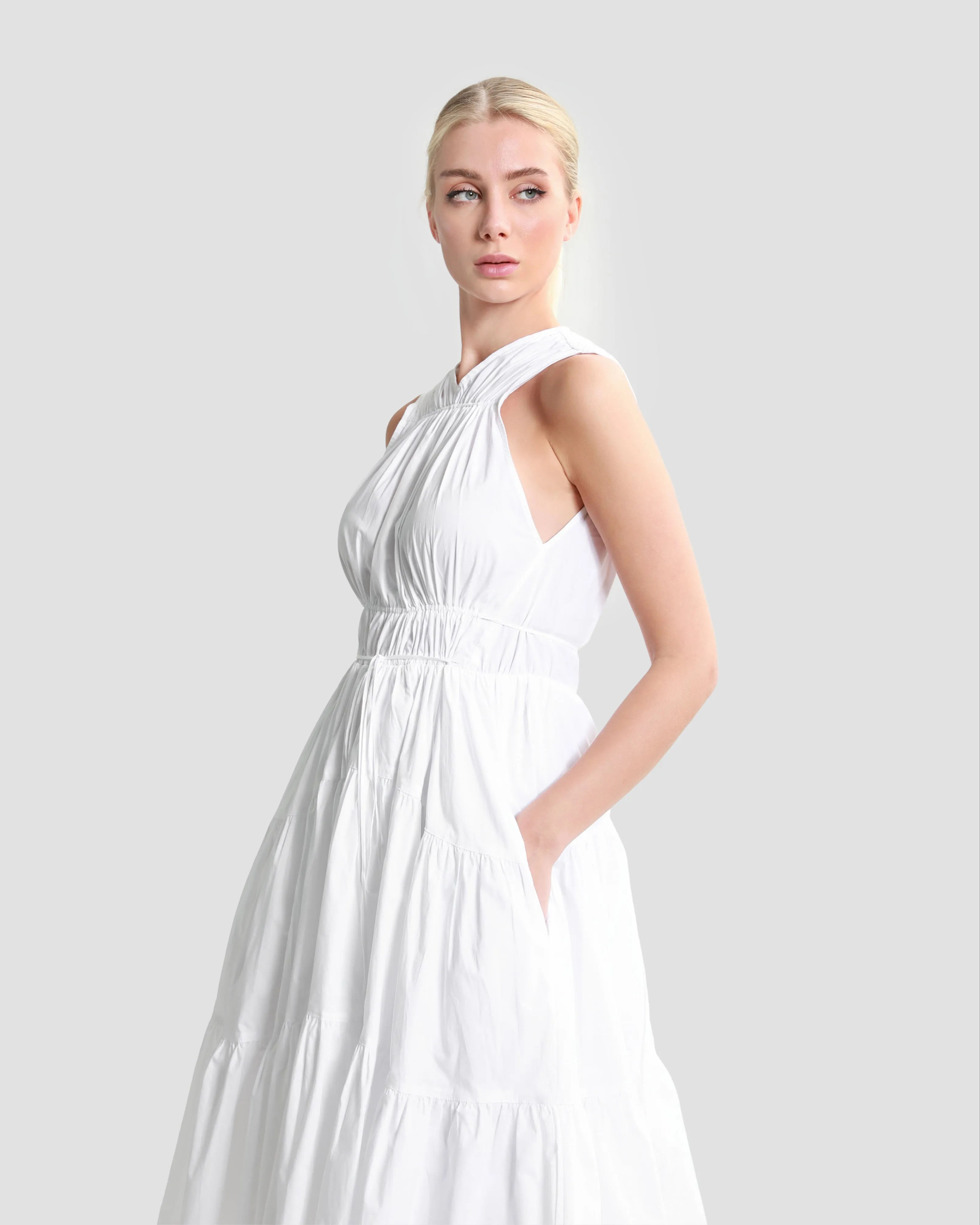 Tiered Poplin Midi Dress