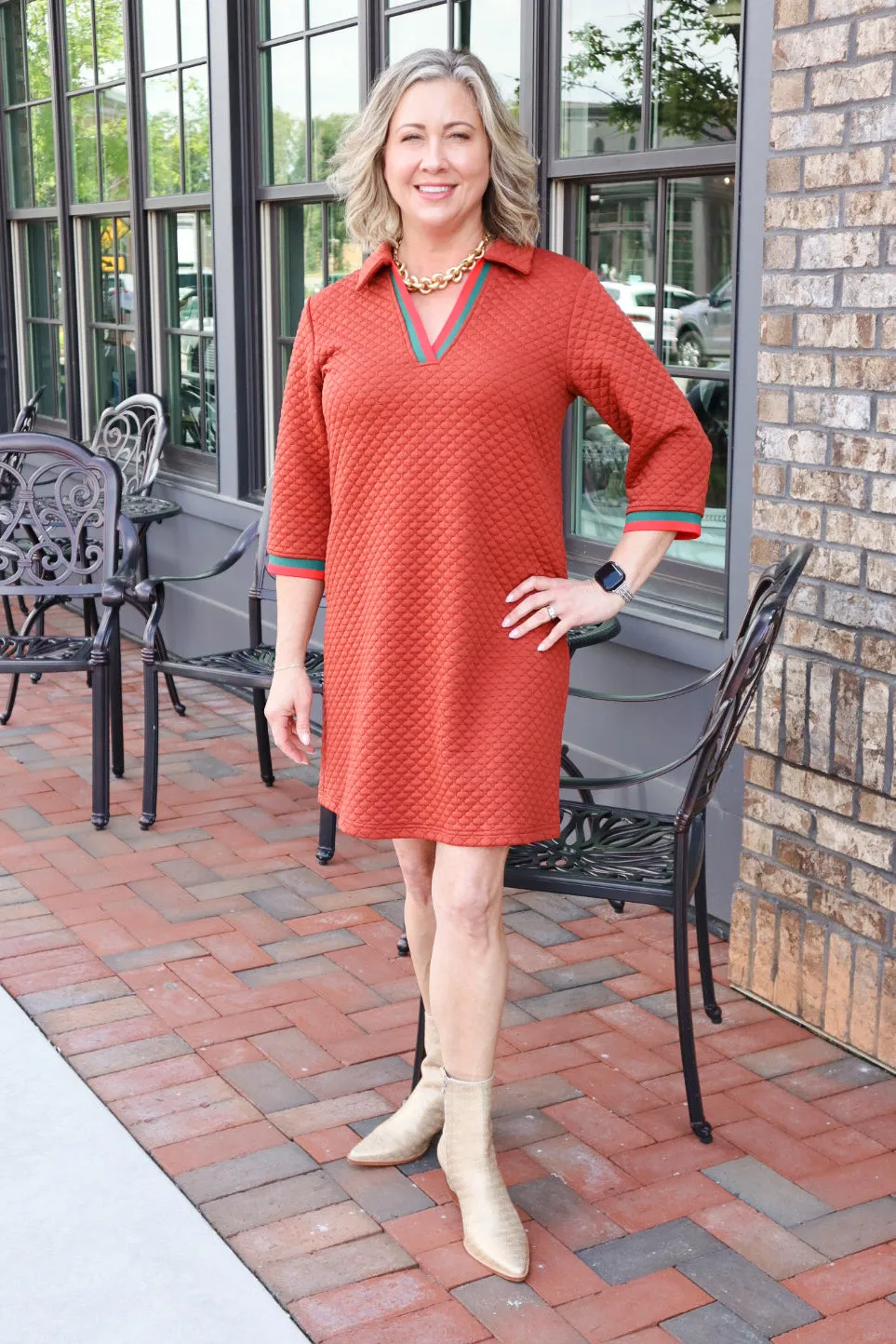 V Neck Rust Dress