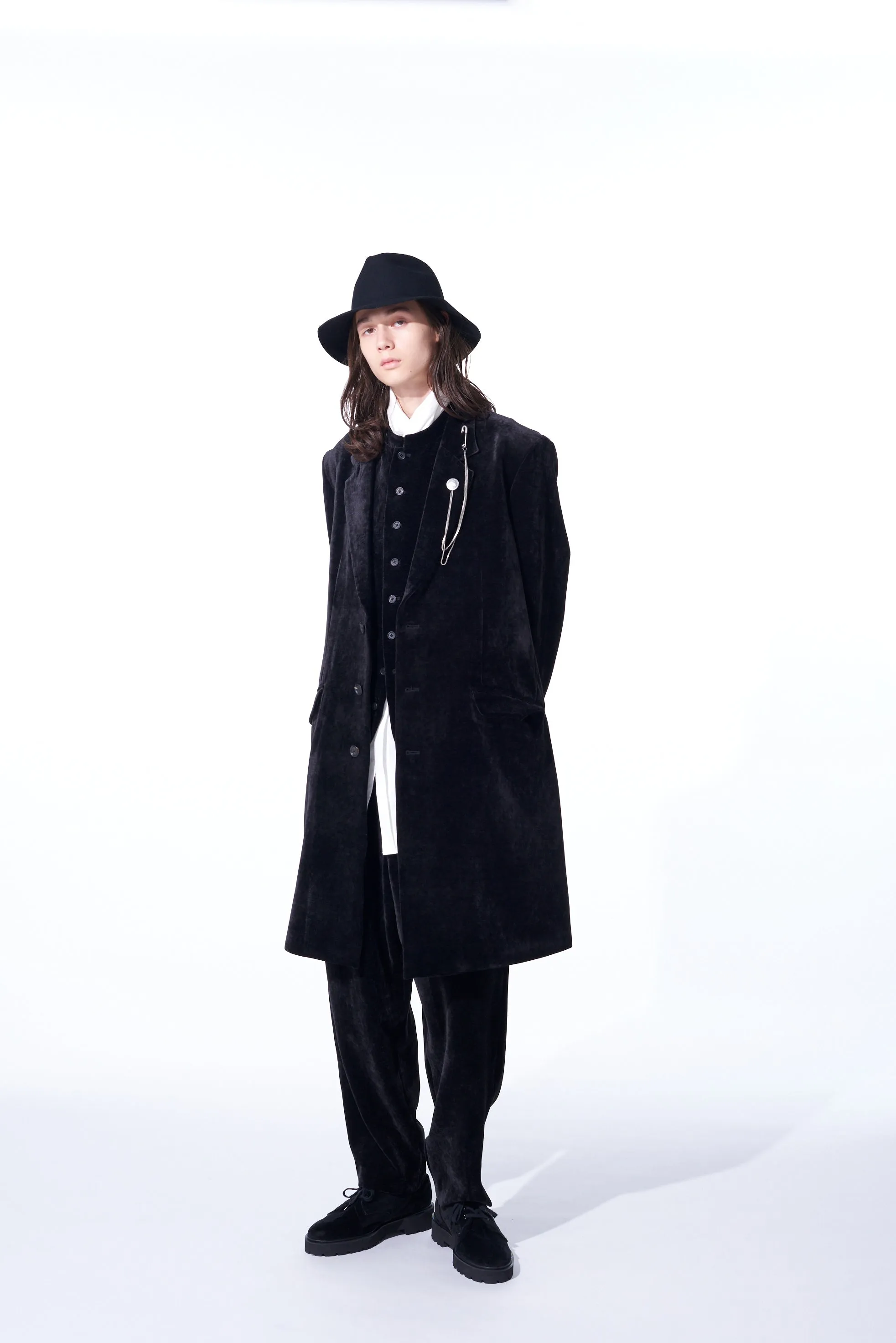 VELVETEEN NOTCHED LAPEL LONG JACKET