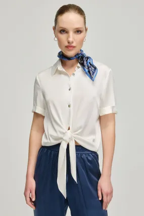 White Audrey Pure Silk Short Sleeve Tie Front Shirt