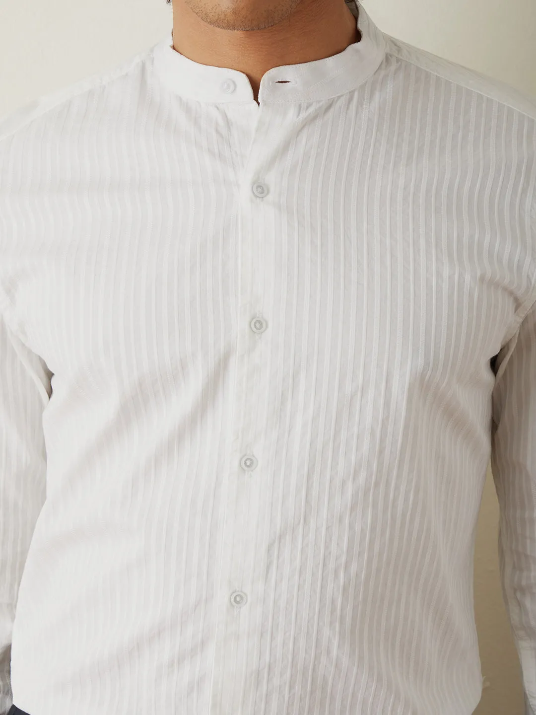 White Striped Cotton Mandarin Shirt