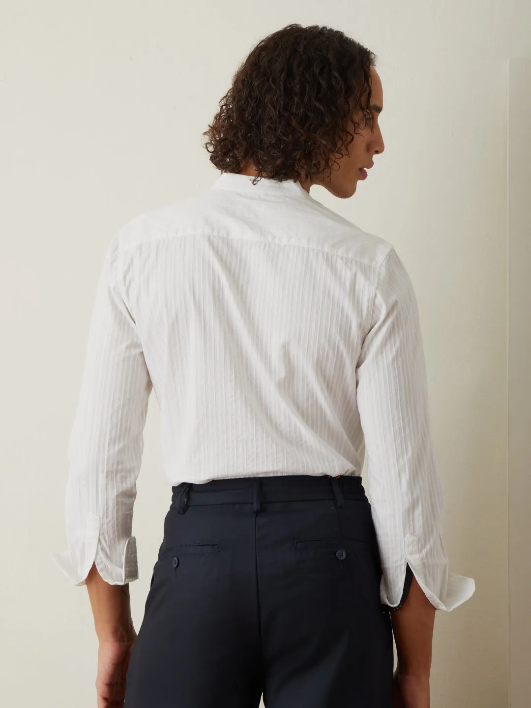 White Striped Cotton Mandarin Shirt