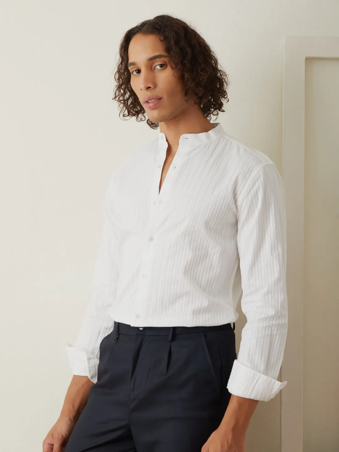 White Striped Cotton Mandarin Shirt