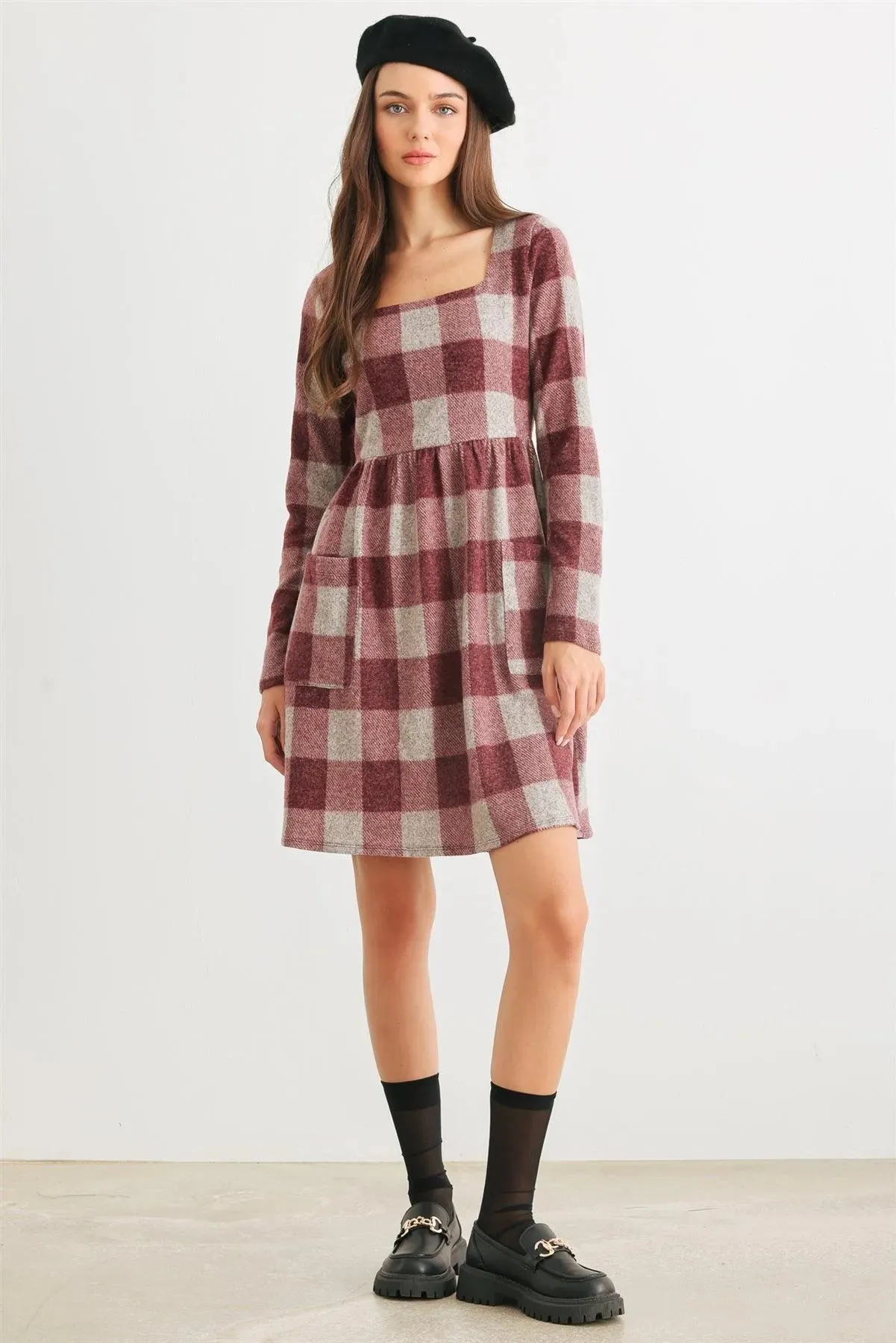 Wine & Taupe Plaid Two Pocket Square Neck Long Sleeve Mini Dress /2-2-2