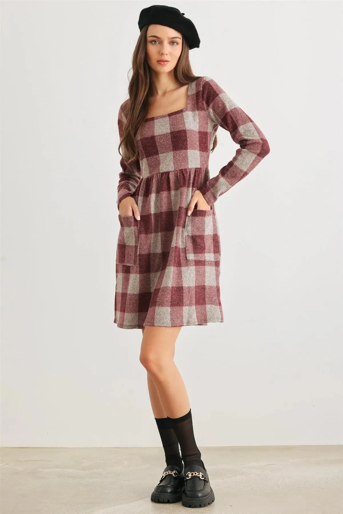 Wine & Taupe Plaid Two Pocket Square Neck Long Sleeve Mini Dress /2-2-2