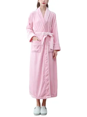 Women Cozy Flannel Long Sleeve Double Pocket Sashes Home Sleepwear Robes