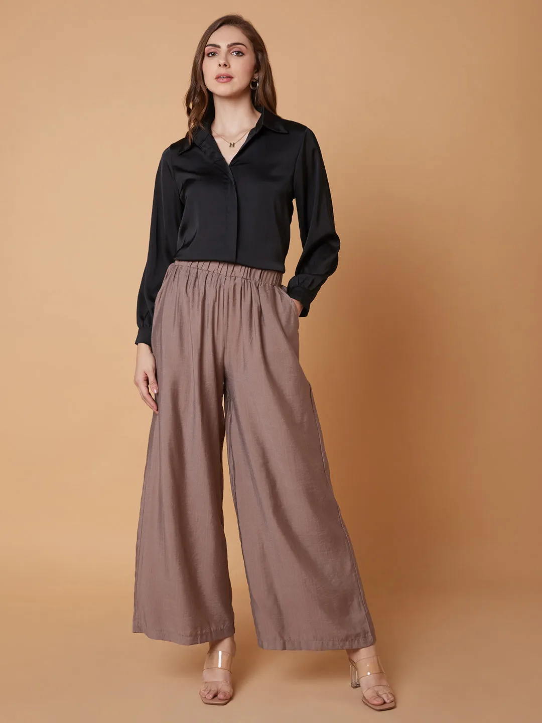 Women Solid Brown Pleated Loose Fit Trouser