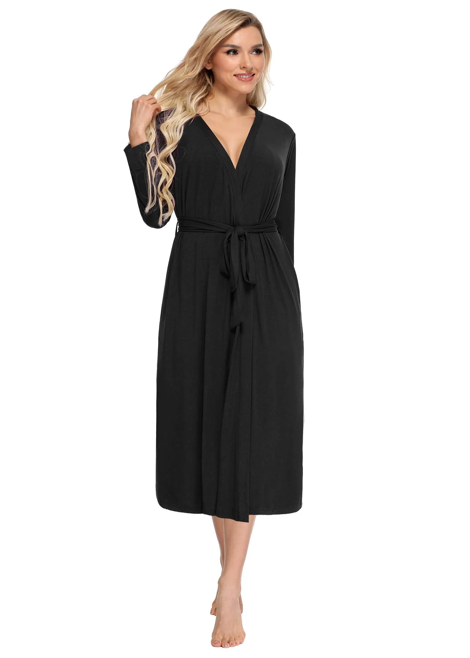 Women's Bamboo Viscose Robes Long Sleeves Bathrobe with Pockets