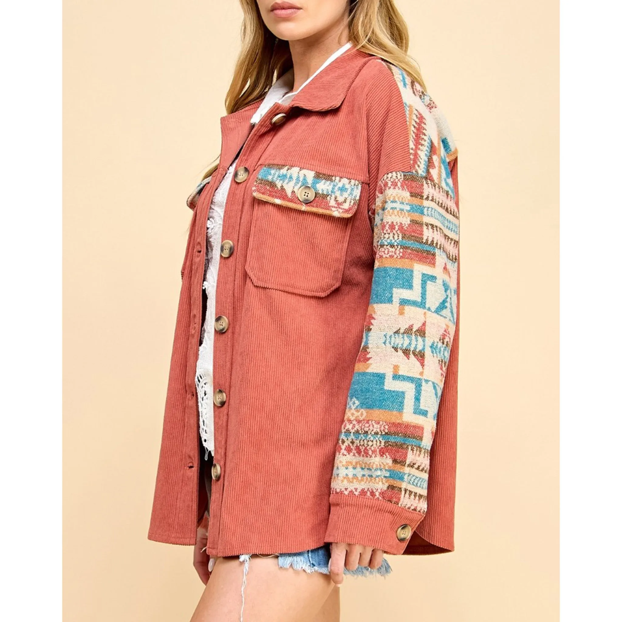 Women's Rust & Aztec Contrast Corduroy Shacket