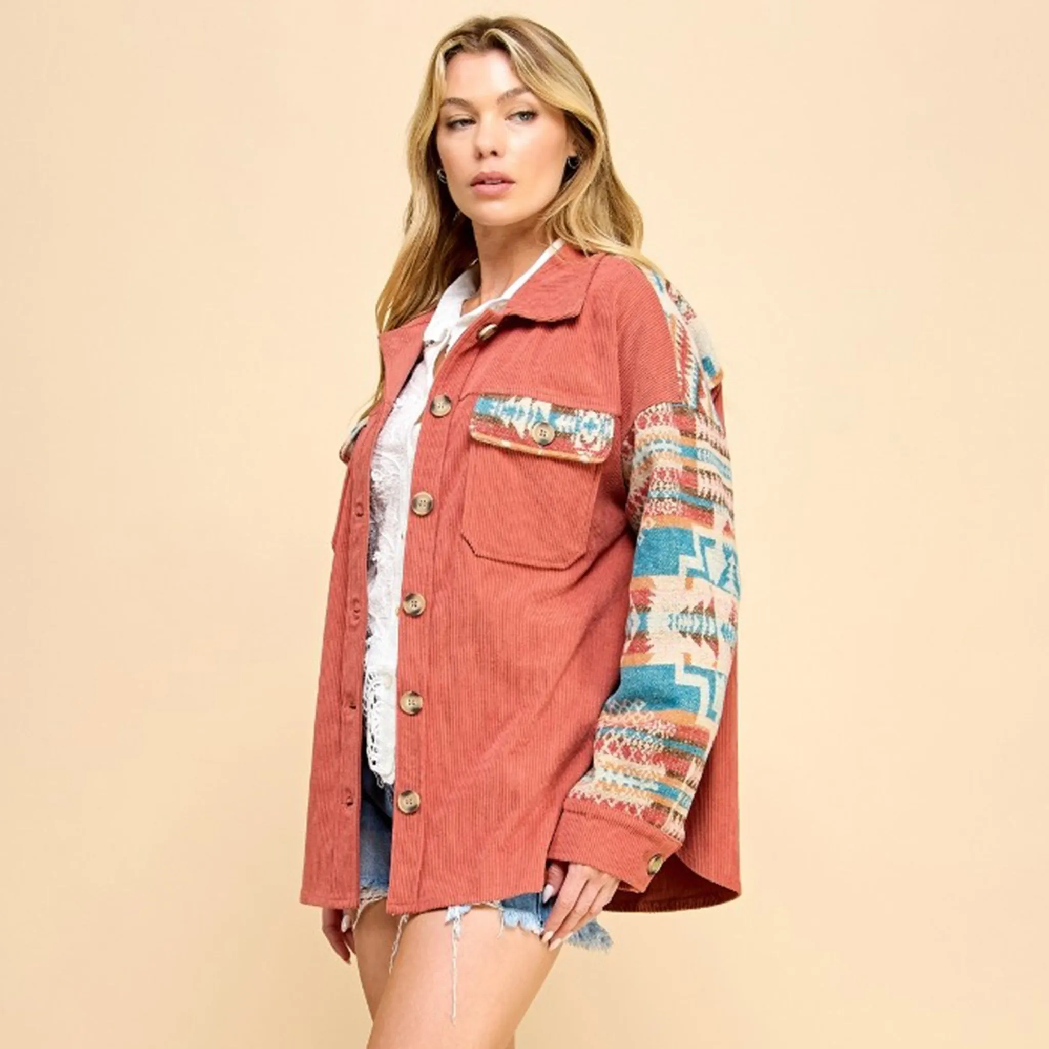 Women's Rust & Aztec Contrast Corduroy Shacket