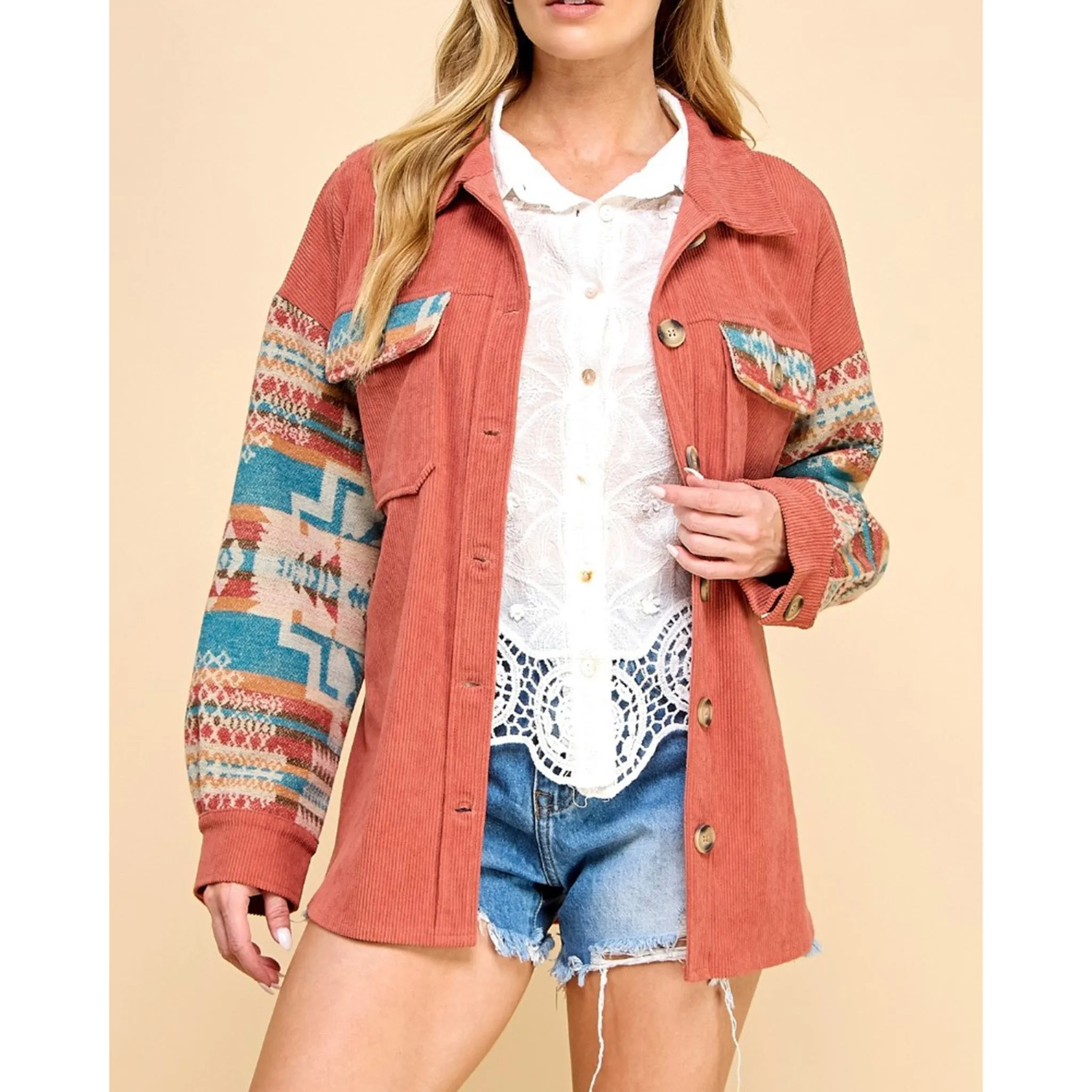 Women's Rust & Aztec Contrast Corduroy Shacket