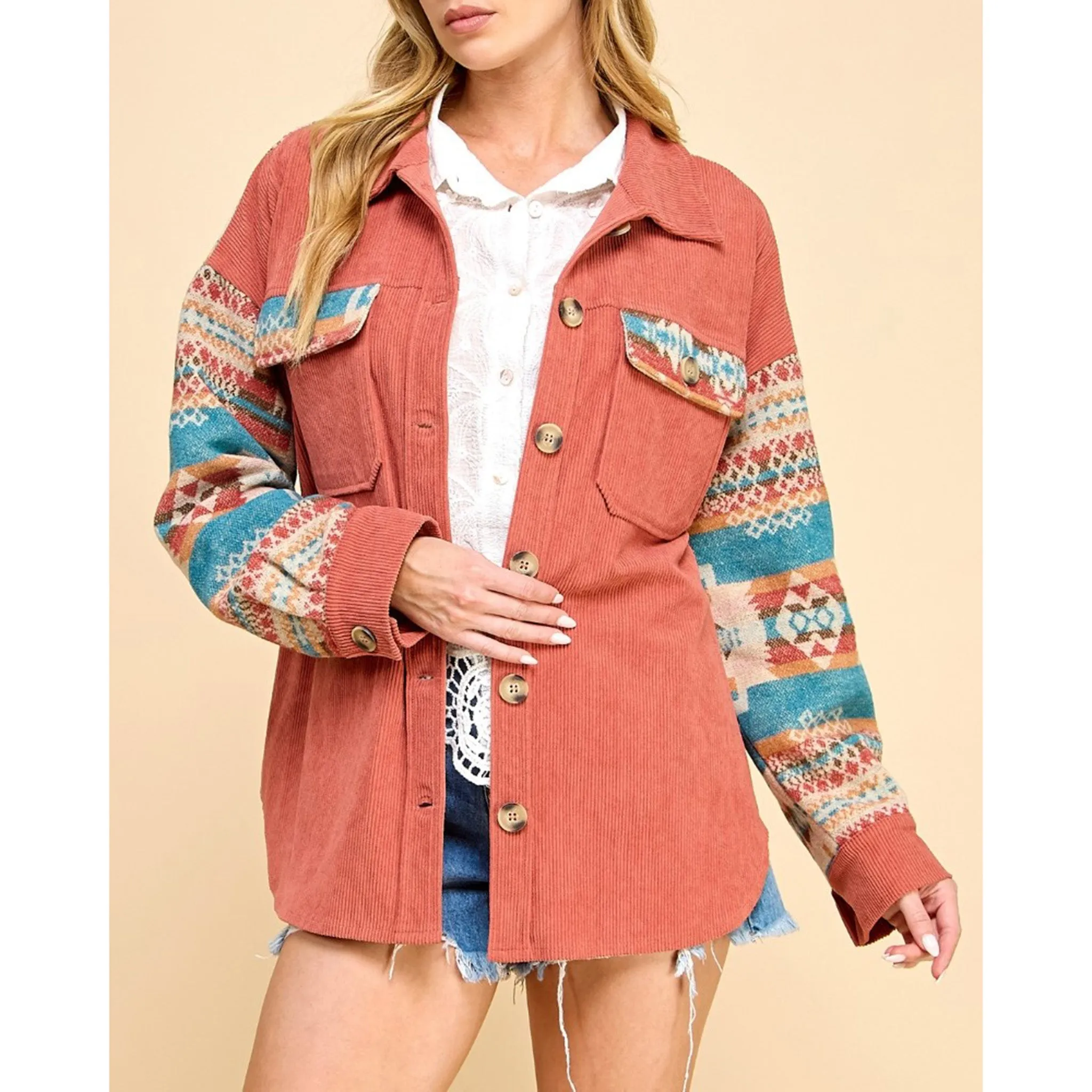 Women's Rust & Aztec Contrast Corduroy Shacket