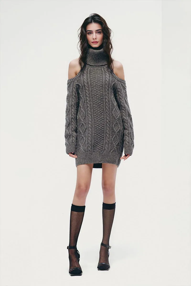 Wool-Blend Long Sleeve Turtleneck Cold Shoulder Mini Sweater Dress