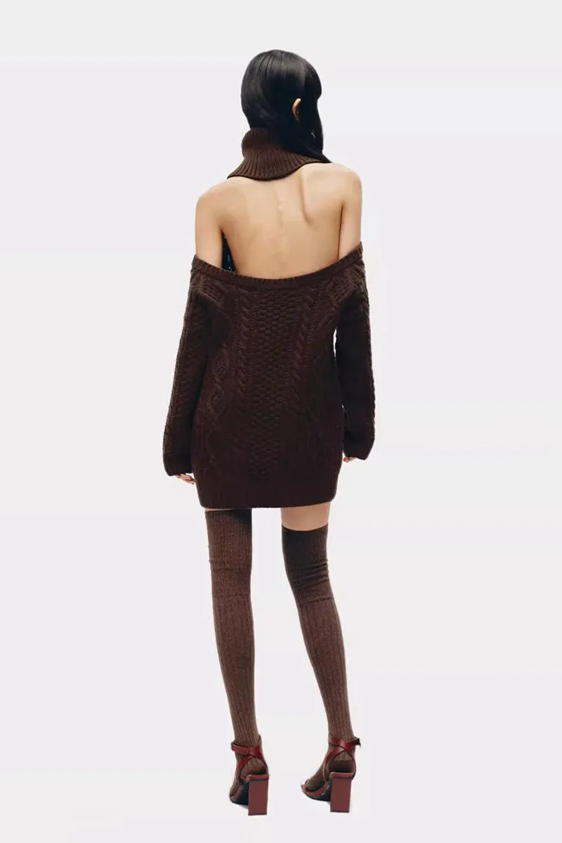 Wool-Blend Long Sleeve Turtleneck Cold Shoulder Mini Sweater Dress