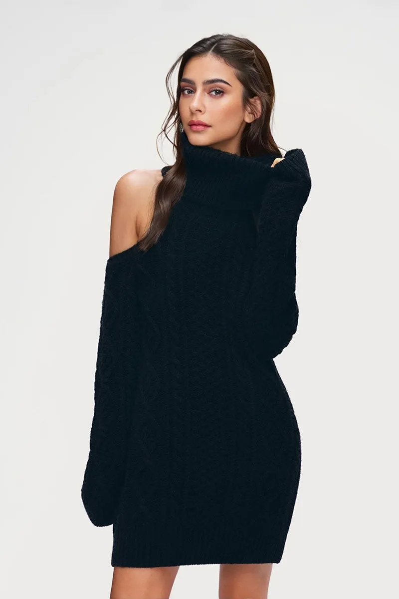 Wool-Blend Long Sleeve Turtleneck Cold Shoulder Mini Sweater Dress