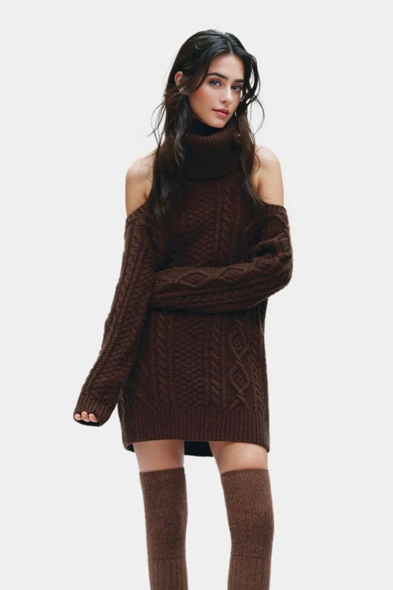 Wool-Blend Long Sleeve Turtleneck Cold Shoulder Mini Sweater Dress