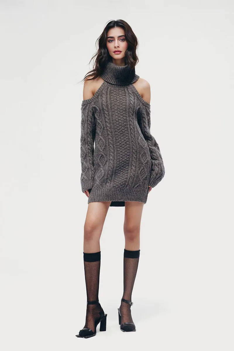 Wool-Blend Long Sleeve Turtleneck Cold Shoulder Mini Sweater Dress