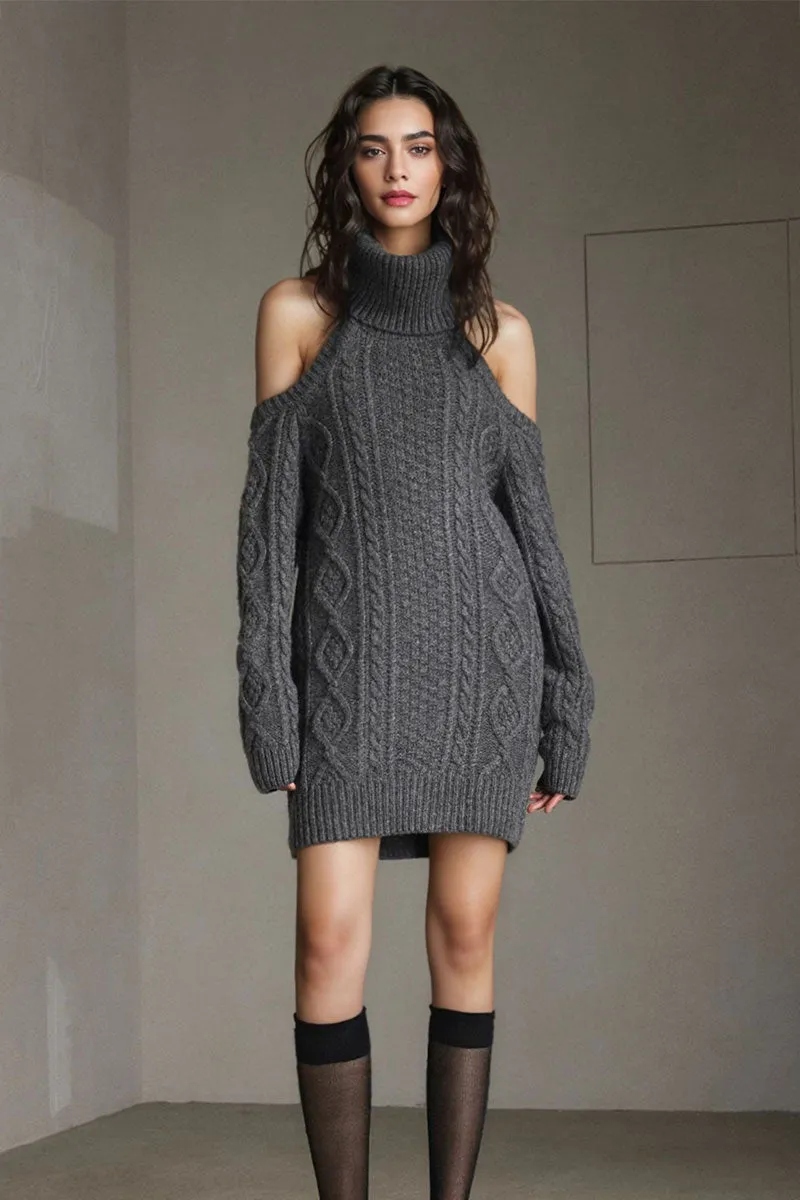 Wool-Blend Long Sleeve Turtleneck Cold Shoulder Mini Sweater Dress