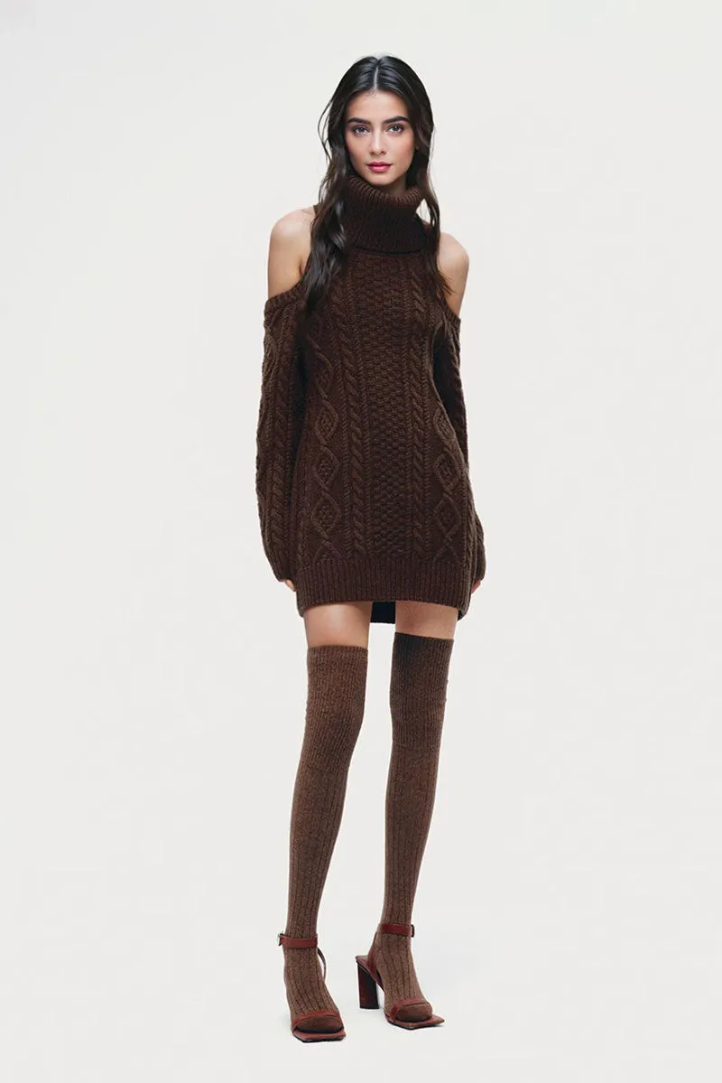 Wool-Blend Long Sleeve Turtleneck Cold Shoulder Mini Sweater Dress