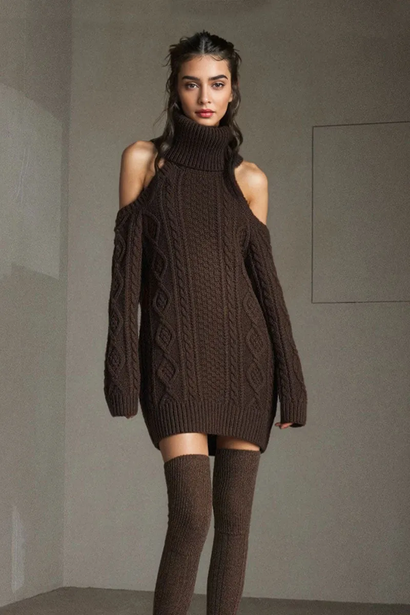 Wool-Blend Long Sleeve Turtleneck Cold Shoulder Mini Sweater Dress