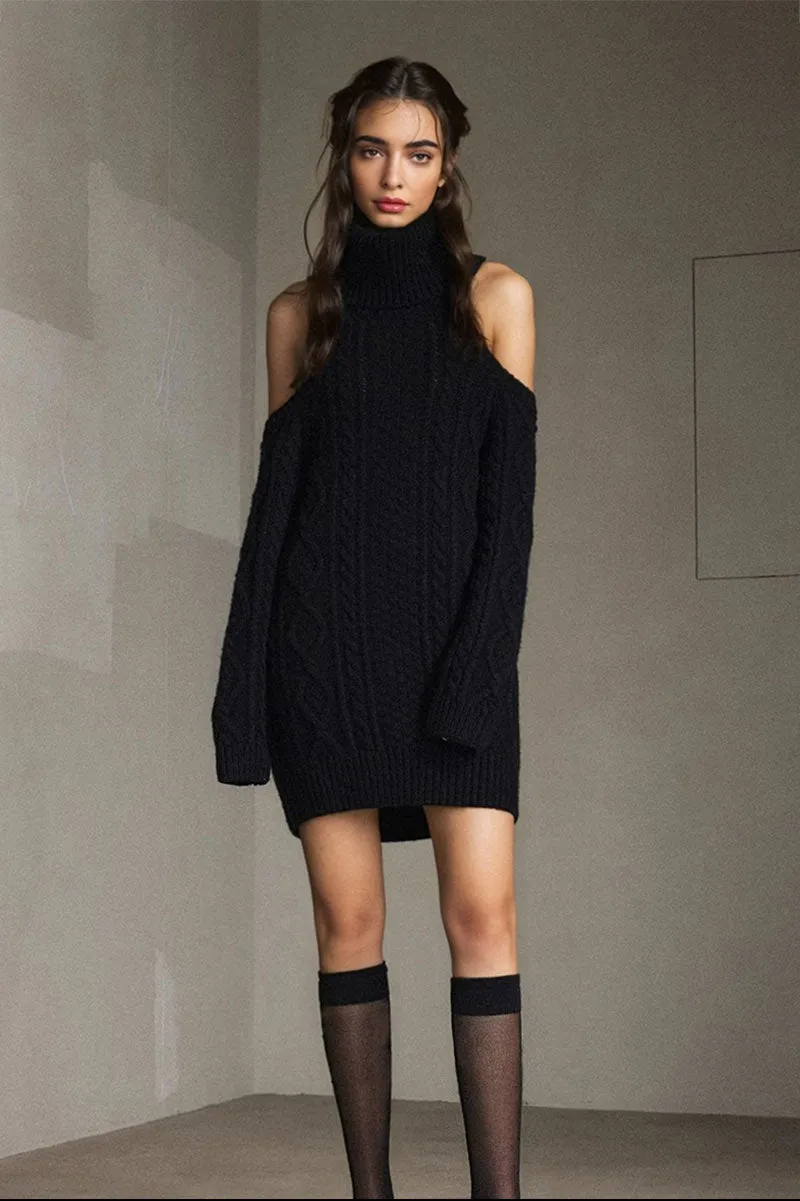 Wool-Blend Long Sleeve Turtleneck Cold Shoulder Mini Sweater Dress