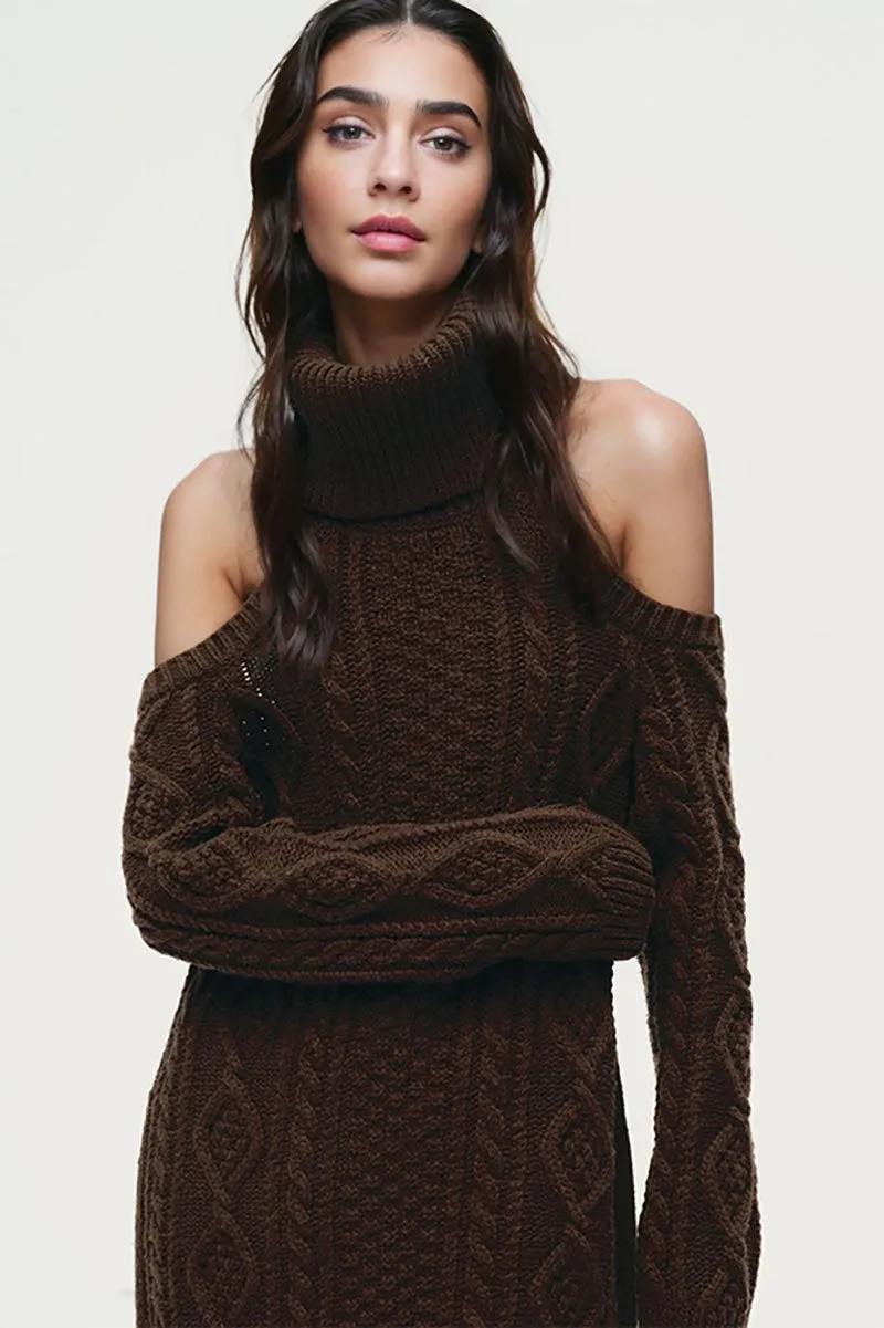 Wool-Blend Long Sleeve Turtleneck Cold Shoulder Mini Sweater Dress