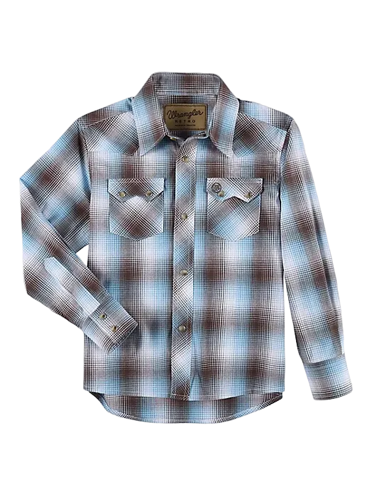 Wrangler Boy's Retro Western Snap Plaid Brown Shirt