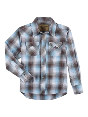 Wrangler Boy's Retro Western Snap Plaid Brown Shirt